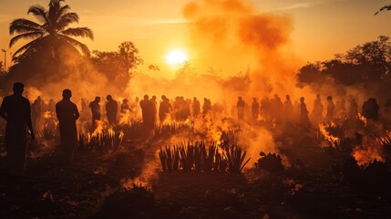 Obraz premium Silhouetted Figures Amidst Burning Incense at Sunset, Sunset, Incense, Ritual