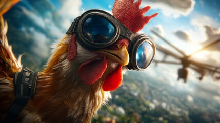 Fototapeta premium The Chicken Pilot A Close-Up Portrait of a Rooster Wearing Aviator Goggles, Digital Art, Photography, Chicken, Aviator, Goggles