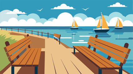 Wooden benches line the boardwalk offering the perfect spot to sit and watch the boats sail in and out of the harbor.