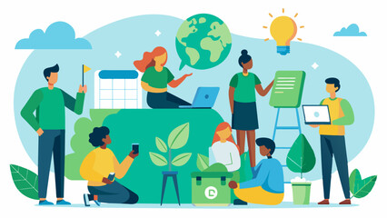 The action group hosts educational workshops on sustainable living practices such as reducing energy consumption and using ecofriendly cleaning products.. Vector illustration