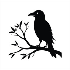 A striking vector illustration of a raven bird silhouette perched on a tree branch, perfect for spooky designs, Halloween projects, or nature-themed artworks with a gothic twist.