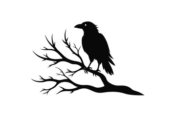 A striking vector illustration of a raven bird silhouette perched on a tree branch, perfect for spooky designs, Halloween projects, or nature-themed artworks with a gothic twist.