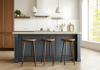 Modern Minimalist Kitchen with Blue Island and Light Decor