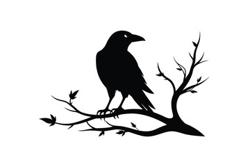 A striking vector illustration of a raven bird silhouette perched on a tree branch, perfect for spooky designs, Halloween projects, or nature-themed artworks with a gothic twist.