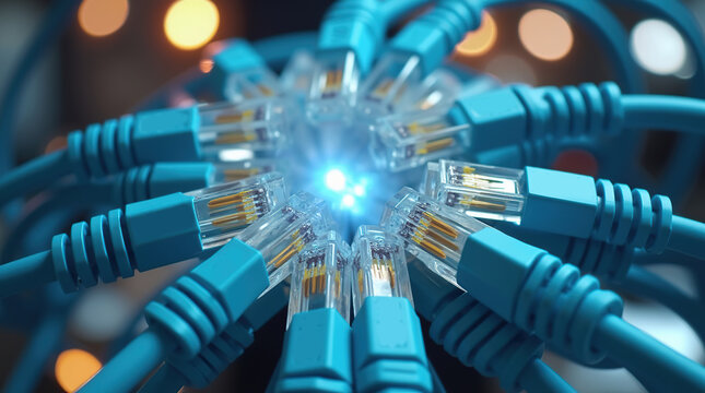 Close up of multiple cat6 ethernet cables with glowing light