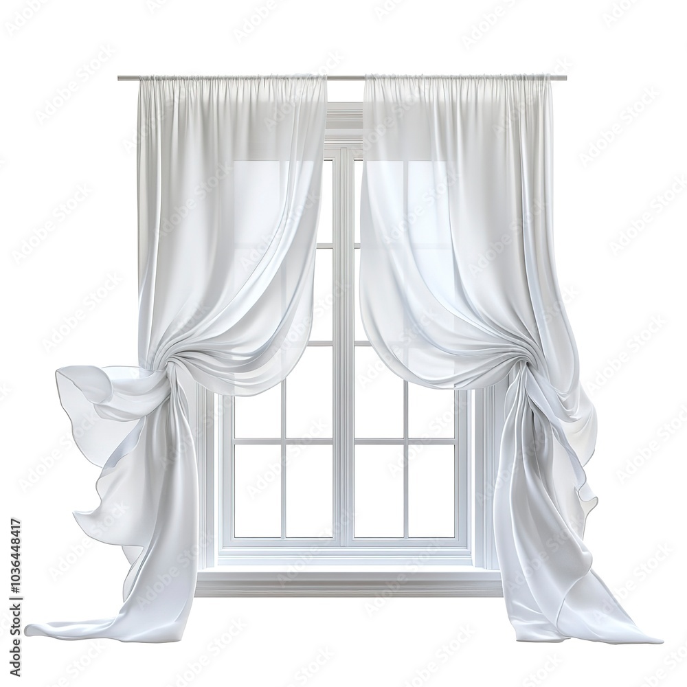 Wall mural An open casement window with flowing white curtains, minimalist design, digital art, soft pastel tones, isolated on white background  