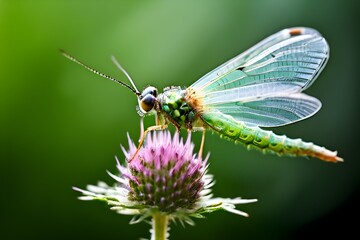 macro of a green lacewing (Chrysoperla carnea), showing its iridescent wings, thin legs, and delicate antennae
