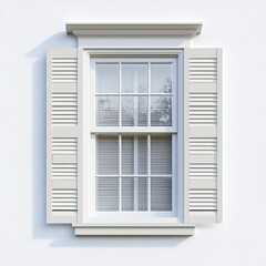 Fototapeta premium A double-hung window with classic shutters, suburban home, photorealistic style, neutral palette, isolated on white background 