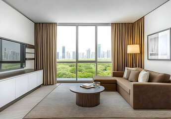 Fototapeta premium Modern Living Room Interior with Brown Curtains and Sofa