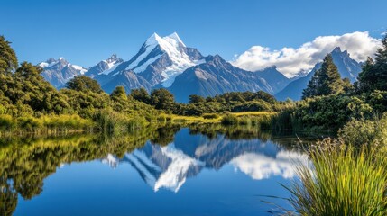 Naklejka premium A serene mountain lake reflects a clear blue sky and towering peaks, surrounded by lush greenery, inviting calm and tranquility.