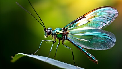 macro of a green lacewing (Chrysoperla carnea), showing its iridescent wings, thin legs, and delicate antennae