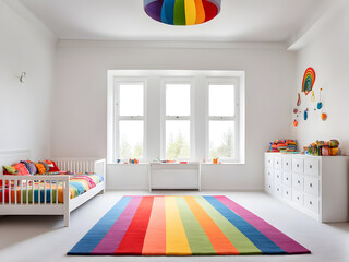Colourful children rooom with white walls and furniture. Rainbow carpet at home interior with a window