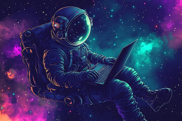 An astronaut using a laptop in a colorful cosmic space setting.