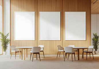 Modern Office with Blank Posters on Wood Wall
