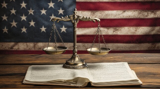 A striking image of the scales of justice, perfectly balanced with the U.S. Constitution, symbolizing equality and the rule of law.