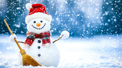 A snowman stands on the snow. The concept of holiday joy, winter magic, and Christmas celebration. Generative AI.