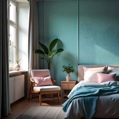 room with a window. modern living room interior with bed. luxury interior room with bed and wall art paintings in wall.