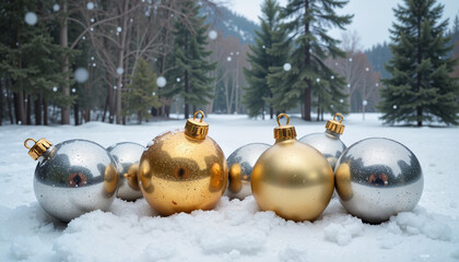 Silver and gold Christmas baubles resting on snow in winter landscape