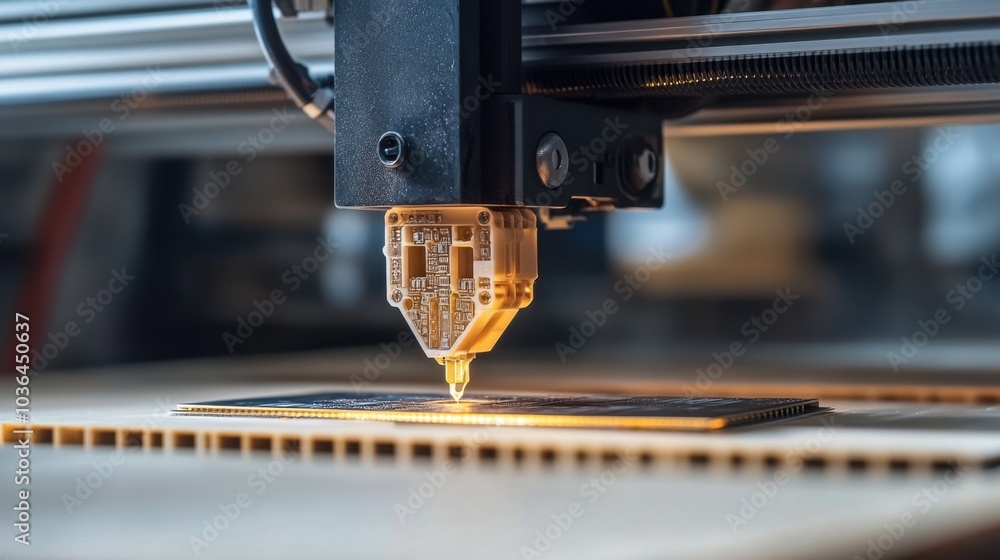 Poster an advanced 3d printer in motion, building intricate electronic boards with precision and accuracy.