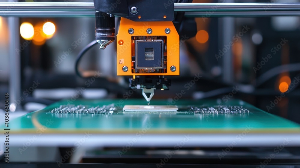 Poster an advanced 3d printer in motion, building intricate electronic boards with precision and accuracy.