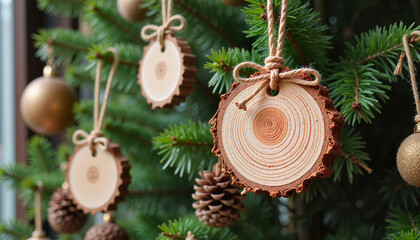 Wooden Christmas ornaments and pinecones hanging on rustic tree