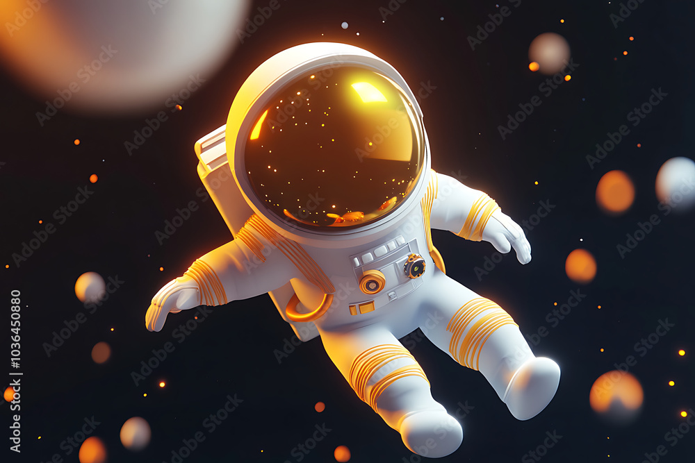 Poster a cartoon-style astronaut floating in space with planets and glowing orbs around.