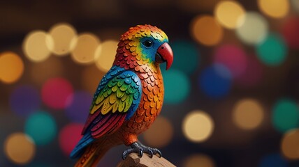 A colorful parrot figurine with a blurred background of lights.