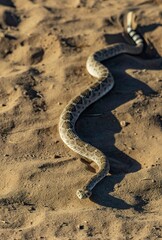 Diamondback rattlesnake slithering on sandy ground in a desert environment under sunlight. Arizona