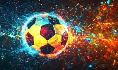 Dynamic Neon Football Action with Futuristic Geometric Patterns and Vibrant Light Trails for High-Energy Sports Advertising Backgrounds