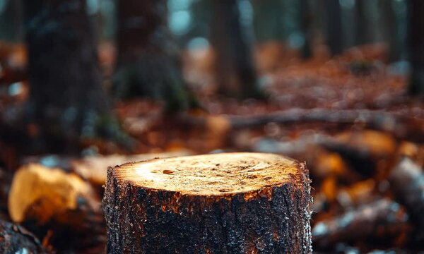 An axe poised above a wooden stump in a forest setting.