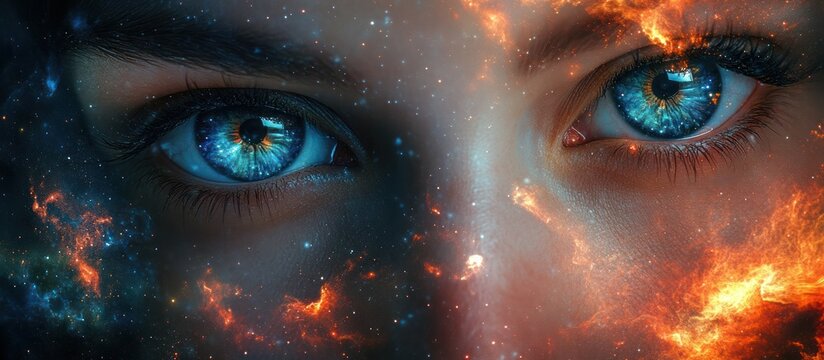 Close-up of a woman's blue eyes with a nebula background.