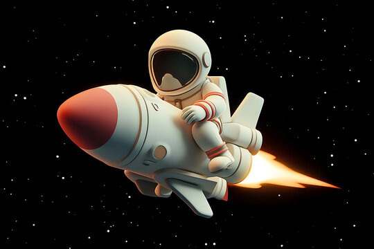 A cartoon astronaut rides a rocket through space, showcasing a playful and adventurous theme.