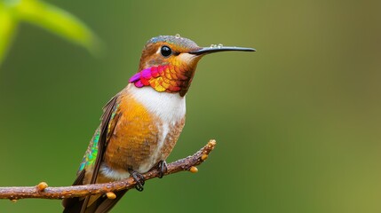 Obraz premium Radiant Hummingbird, A jewel-toned marvel perched gracefully on a rain-kissed branch.