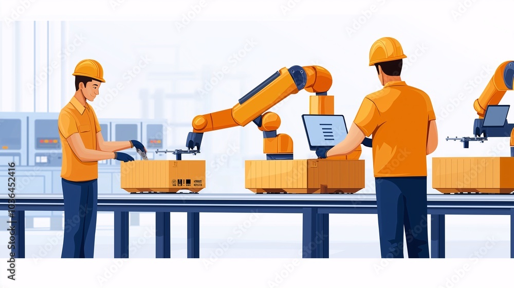 Poster automated warehouse efficiency: streamlined logistics with robotic arms and human workers collaborat