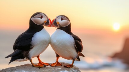 Atlantic Puffins, A sunset courtship dance, beaks gently touching, love in the air.