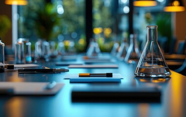 A visually striking concept showcasing a collection of science tools on a conference table, highlighting the importance of scientific advisory boards in driving business strategy 