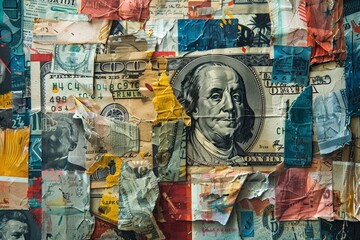 Fototapeta premium Colorful collage of torn, crumpled banknotes overlapping each other, representing financial chaos and currency devaluation. image is a metaphor for economic crisis and instability in global finances.