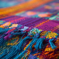 Obraz premium Colorful Woven Textile with Fringes, Close-up Macro Shot.