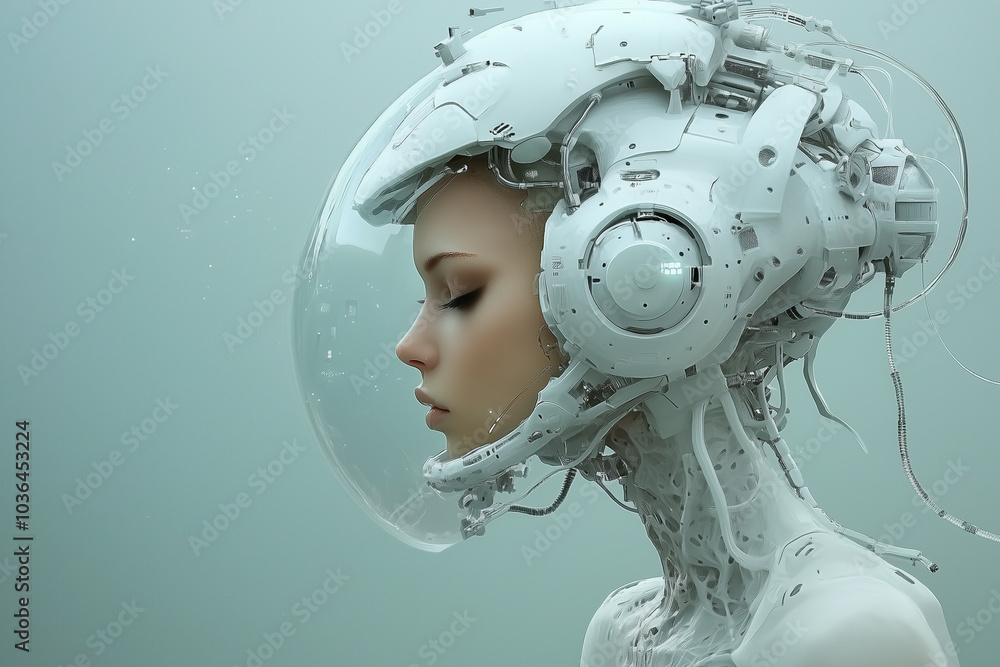 Poster futuristic cyberpunk girl with sleek robotic design and transparent helmet, showcasing advanced tech