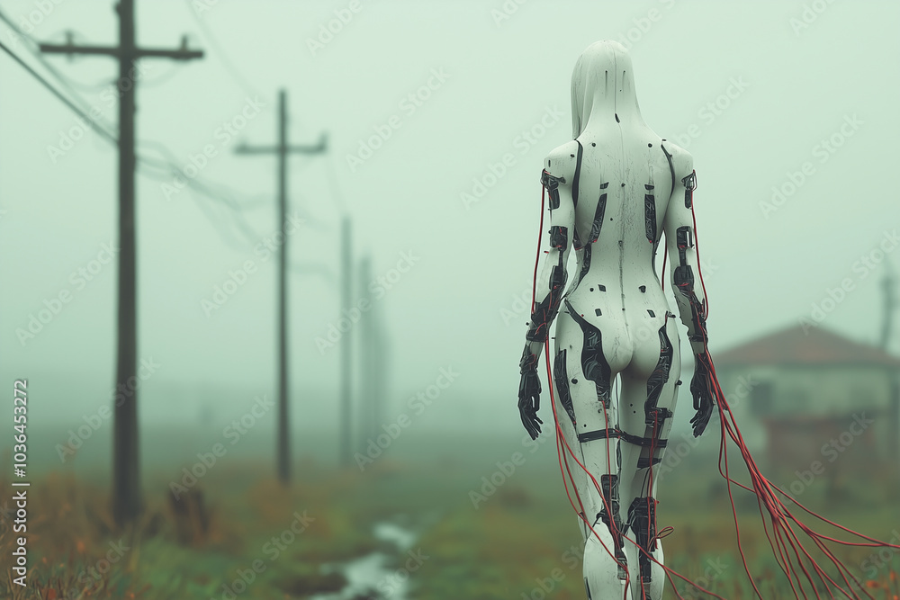 Aufkleber futuristic robot figure walks through foggy landscape, surrounded by power lines and abandoned struc