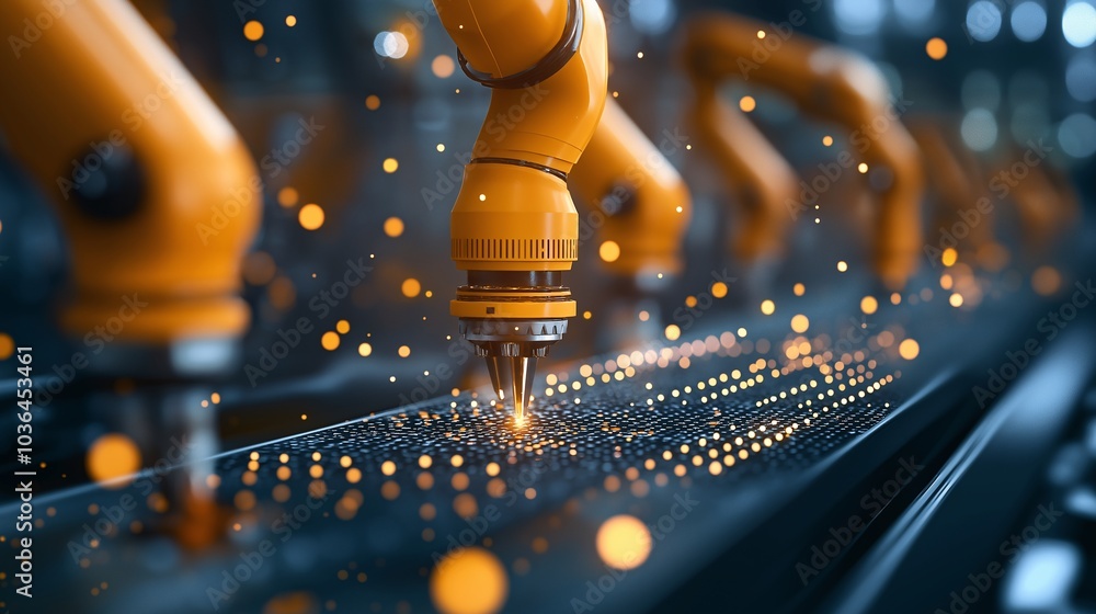Poster automated precision: a row of yellow robotic arms work in unison, sparks flying as they precisely as