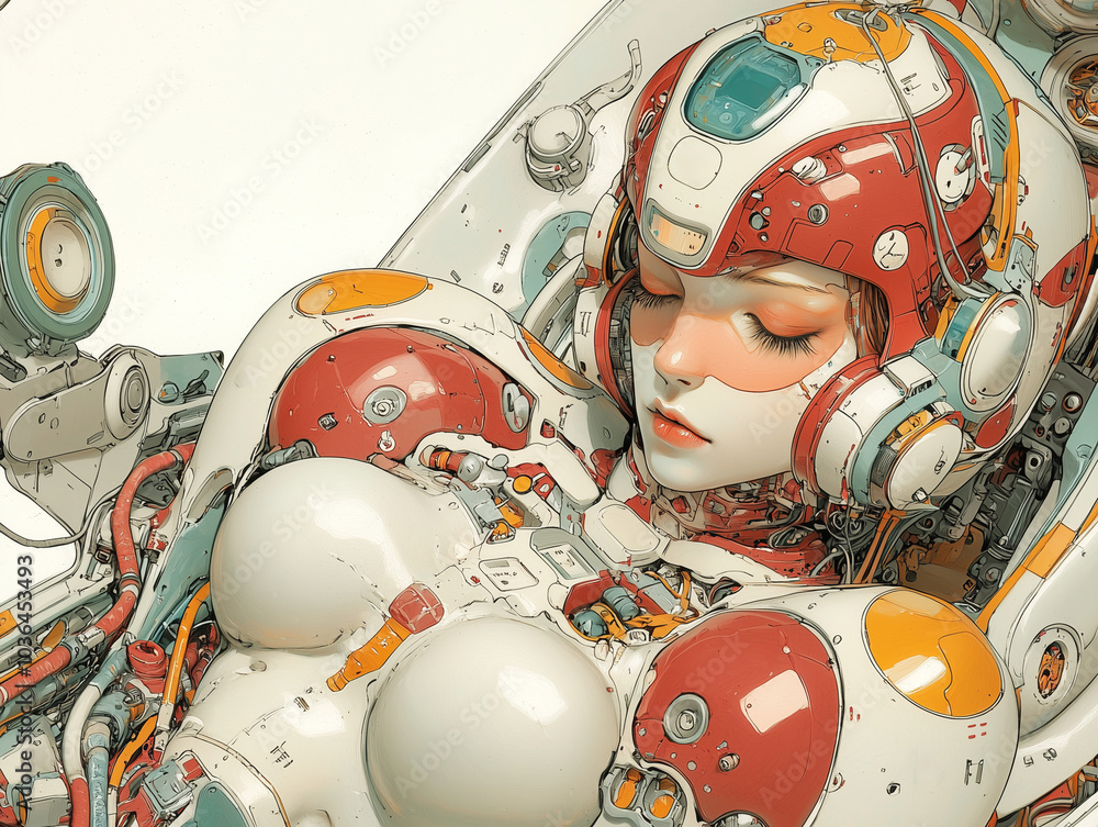 Poster futuristic robotic figure with intricate mechanical details and serene expression, showcasing blend of technology and artistry. design features vibrant colors and sleek, modern aesthetic
