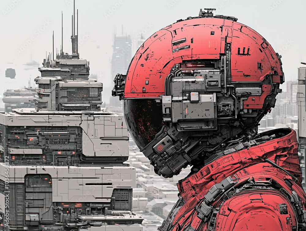Poster futuristic soldier in red suit stands against backdrop of high tech cityscape, showcasing advanced a