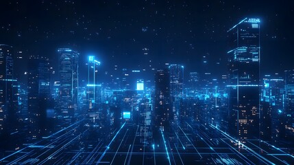 Fototapeta premium Blue high-tech tone of cityscape conneted line, technology conce.