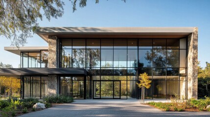 Obraz premium Building facade design, with a focus on sleek lines and modern materials. Large glass panels, metal frames, and a mix of natural stone create a dynamic and eye-catching exterior