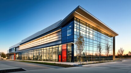 Obraz premium Commercial building exterior design, showcasing a professional and contemporary style with large glass windows, sleek metal finishes, and bold architectural lines, creating a dynamic urban presence
