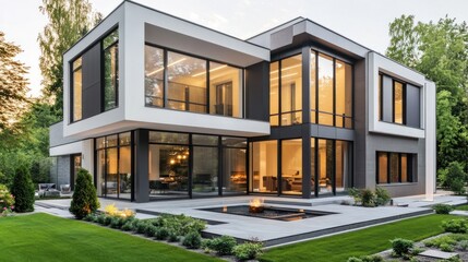 Contemporary exterior building styles, with a minimalist design featuring clean lines, large windows, and a combination of glass, concrete, and metal for a sleek, futuristic appearance