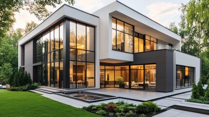Obraz premium Contemporary exterior building styles, with a minimalist design featuring clean lines, large windows, and a combination of glass, concrete, and metal for a sleek, futuristic appearance