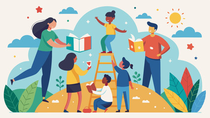 Obraz premium Kids and parents work together to create a beautiful mural inspired by a beloved storybook showcasing the collaborative and creative spirit fostered by library events.. Vector illustration