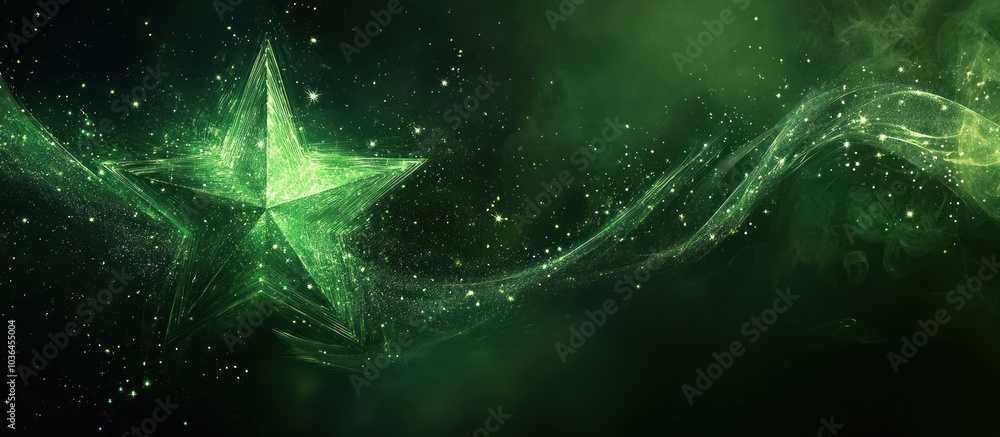 Poster A luminous green star with flowing energy trails against a dark green background.